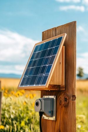 A remote irrigation control panel utilizes solar energy to operate, set against the backdrop of a rustic farm surrounded by vibrant fields. Sunlight illuminates the idyllic scene.の素材