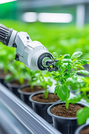 Futuristic harvesting machine operates in a vibrant greenhouse, meticulously tending to lush greenery. The focus is on optimizing plant care through advanced technology and automation.の素材