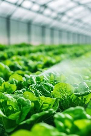 In a controlled greenhouse, fine humidity mist gently sprays over rows of vibrant leafy greens, promoting healthy growth and optimal conditions for plants. Ideal for agriculture enthusiasts.の素材