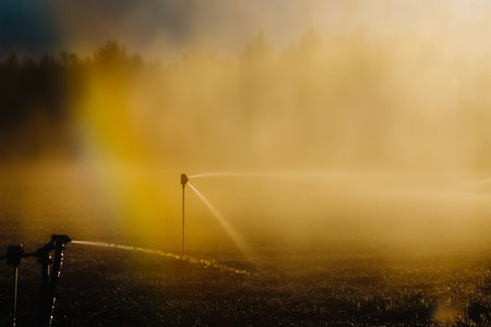 A sprinkler system sprays water across a vibrant field, illuminated by sunlight. The mist catches the light, producing a beautiful rainbow effect, revealing nature's magic.の素材