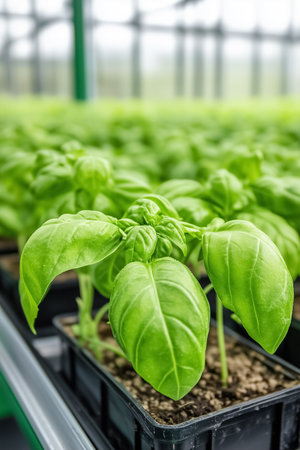 Under precise temperature control, vibrant basil plants thrive in a minimalistic greenhouse, showcasing their lush green leaves and healthy growth while surrounded by a serene environment.の素材