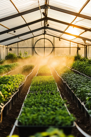 Gentle mist envelops rows of lush crops in a greenhouse, ensuring optimal growth conditions while the warm glow of sunset filters through the structure, creating an enchanting ambiance.の素材