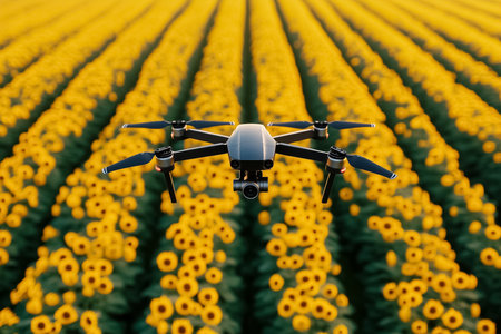 A drone glides gracefully over an expansive field of sunflowers during golden hour, casting a dramatic shadow that enhances the vivid yellow landscape below, capturing nature's beauty and technology.の素材