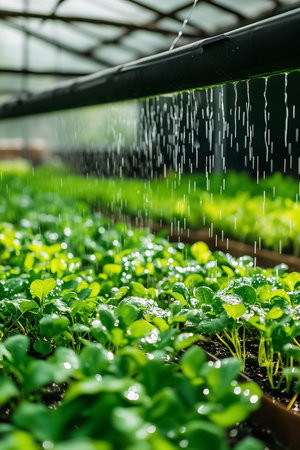 In a contemporary greenhouse, an automated irrigation system delivers water to vibrant green plants, producing a sparkling effect as droplets gather on leaves, enhancing growth.の素材