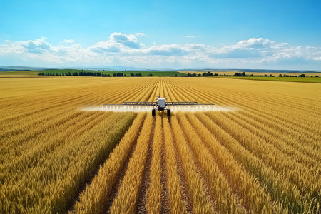A drone meticulously distributes fertilizer over a vast wheat field, ensuring even coverage with precise nozzles releasing a fine mist against the backdrop of a bright, sunny day.の素材