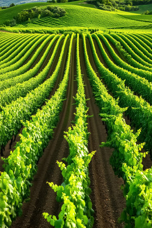 A drone glides above a lush vineyard, capturing detailed patterns of green grapevines stretched across rolling hills. The scene is illuminated by bright sunlight, revealing nature's artistry.の素材