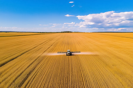 A drone meticulously disperses fertilizer across a vast wheat field under a clear blue sky, ensuring optimal growth for the golden crops below.の素材