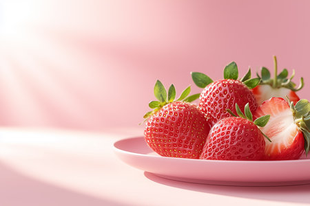 Juicy strawberries rest elegantly on a delicate pink plate, illuminated by gentle sunlight. Their rich red tones contrast beautifully with the soft background, evoking freshness and allure.の素材