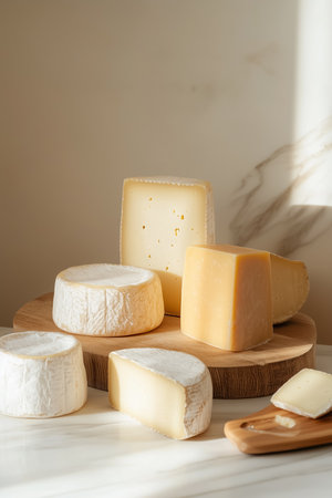 A stunning array of cheese rounds and blocks rests on a wooden board, bathed in gentle sunlight, highlighting their unique textures and colors, perfect for a casual gathering or a gourmet feast.の素材
