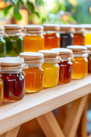 Various jars filled with honey in rich colors are beautifully arranged on a wooden shelf. The warm sunlight enhances their golden hues, creating an inviting atmosphere.の素材