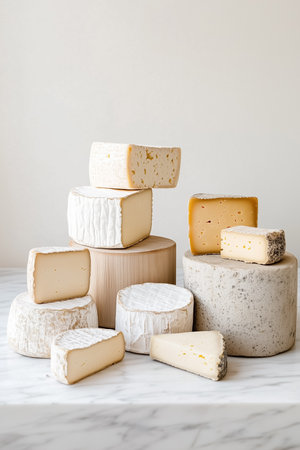 An elegant assortment of artisanal cheeses arranged thoughtfully on wooden and marble platters, showcasing unique shapes and rich textures.の素材