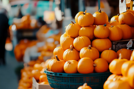 Bright orange pumpkins are stacked high in a market bustling with activity. Vendors and shoppers interact in a captivating display of autumn bounty, creating a festive atmosphere.の素材