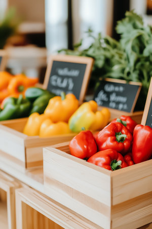 Brightly colored peppers are artfully arranged in wooden crates at a bustling market. Lush greens complement the vivid produce, attracting shoppers interested in fresh options.の素材