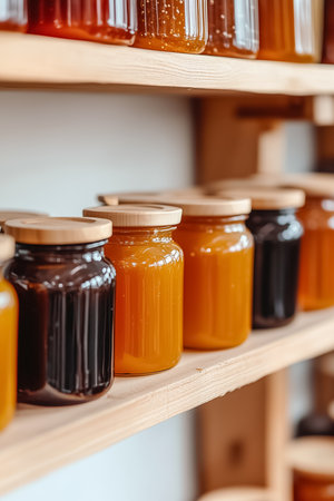 A delightful array of jars containing various honey types is neatly arranged on wooden shelves, showcasing their rich colors and appealing textures in a warm market atmosphere.の素材