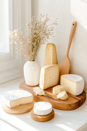 Delight in a beautifully arranged selection of cheeses on a wooden board complemented by dried flowers in a minimalist vase. Natural light enhances the serene atmosphere.の素材