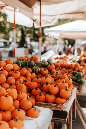 Colorful pumpkins in various shapes and sizes fill market stalls under bright canopies. Shoppers enjoy the fall atmosphere, surrounded by fresh produce and seasonal delights.の素材