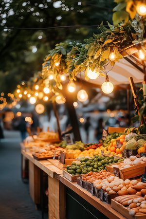 A bustling market brimming with colorful fruits and vegetables under warm, glowing lights. Visitors explore the stalls, creating an inviting atmosphere as night falls.の素材
