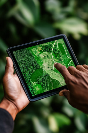 A hand interacts with a tablet displaying a detailed map of vibrant green forests and pathways, showcasing the beauty of nature infused with modern technology, set against a lush backdrop.の素材