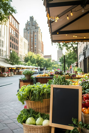 Bustling marketplace showcases an array of fresh vegetables and fruits in woven baskets under a canopy, framed by charming buildings and soft evening light.の素材