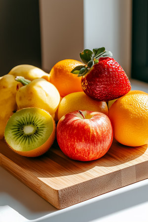A colorful assortment of fruits including apples, strawberries, lemons, and a kiwi is artfully displayed on a wooden cutting board, illuminated by soft afternoon sunlight streaming through a window.の素材