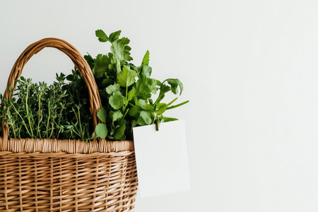 A wicker basket brimming with vibrant green herbs like cilantro and thyme rests against a light-colored wall, inviting culinary creativity and freshness into the kitchen.の素材