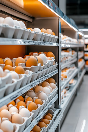 Brightly lit grocery shelves showcase an array of eggs in various hues, ranging from white to brown.の素材