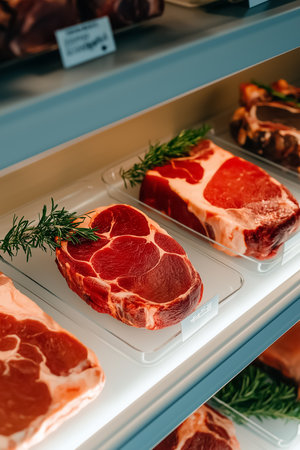 Brightly lit butcher counter showcases a selection of premium meat cuts, elegantly arranged with fresh herbs. The colorful display invites culinary creativity and gourmet cooking.の素材
