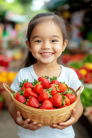 A joyful child stands amidst a bustling market, proudly holding a woven basket overflowing with ripe strawberries. Her radiant smile reflects the vibrant atmosphere and abundance surrounding her.の素材