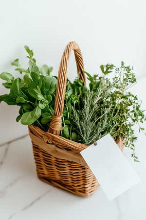 A woven basket brimming with an array of fresh herbs sits against a clean marble background. The green foliage adds a touch of nature and vibrancy to the setting, perfect for cooking.の素材
