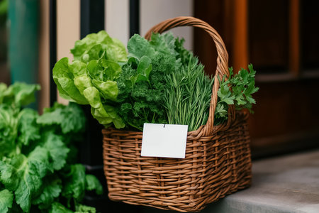 A beautifully woven basket holds an array of fresh greens and herbs, including lettuce, parsley, and cilantro, nestled against a charming market backdrop highlighting natural abundance on a sunny day.の素材