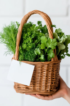 Lush green herbs are elegantly arranged in a wicker basket, held gently by a hand, embodying the essence of freshness and culinary delight. The bright background enhances their vibrant colors.の素材