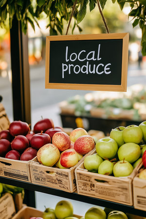 A vibrant market display features a variety of fresh apples, including red and green options, arranged neatly in wooden crates beneath a sign promoting local produce.の素材