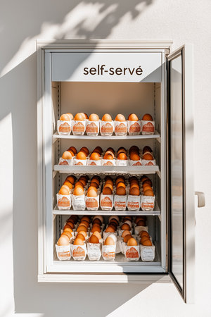 A self-serve refrigerator filled with neatly arranged eggs invites customers to pick their favorites. Sunlight highlights the vibrant colors of the eggs in a charming market setting.の素材