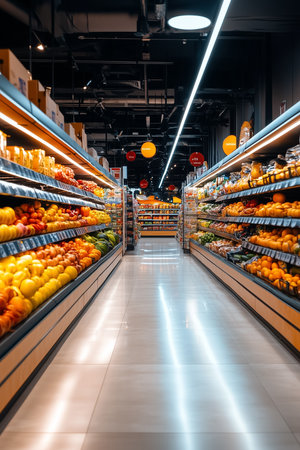 Vibrant fruits and vegetables fill the shelves in a well-lit grocery aisle, inviting shoppers to explore the healthy selections available for their meals.の素材