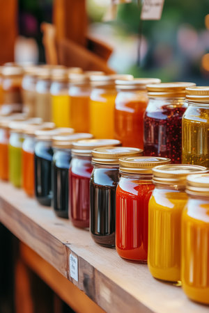 A vibrant assortment of handcrafted jams and preserves fills glass jars on a wooden shelf. The warm morning light enhances the rich colors of each jar, enticing visitors at the bustling market.の素材