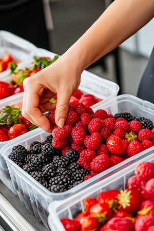 A hand reaches for juicy raspberries, surrounded by trays filled with strawberries and blackberries in a lively market. The sunlight enhances the colors of the fruits, creating an inviting atmosphere.の素材