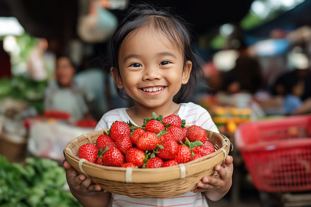 A cheerful young girl beams as she proudly presents a basket brimming with ripe strawberries at a lively market. The bustling atmosphere is filled with colors and local vendors.の素材