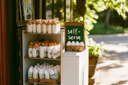 Rows of fresh eggs await customers at a self-serve stand, nestled under the morning sunshine. A cozy atmosphere invites people to enjoy local produce in a vibrant outdoor setting.の素材