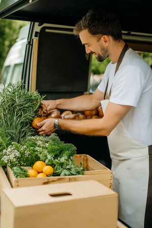 A vendor is carefully arranging fresh organic vegetables and herbs in wooden crates at an outdoor market. The warm sun illuminates the vibrant colors of the produce, creating an inviting atmosphere.の素材
