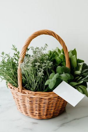 A beautifully arranged woven basket filled with fragrant herbs and leafy greens sits on a countertop, enhancing the kitchen's aesthetic. Perfect for cooking inspiration and decor.の素材