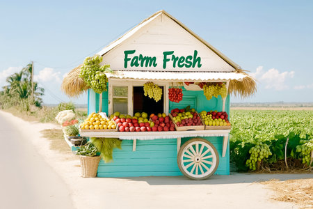 A charming farm stand showcases an array of colorful fruits and vegetables, inviting travelers to enjoy local, fresh produce in a picturesque countryside setting.の素材