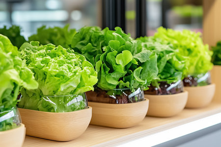 Rows of vibrant green lettuce varieties are cultivated in sleek wooden pots, showcasing sustainable urban gardening. This setting emphasizes fresh produce and eco-friendly practices.の素材