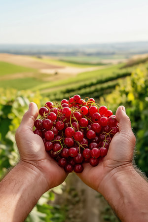Bright red grapes are cradled in two hands, capturing the essence of a bountiful vineyard harvest. The lush green hills stretch far into the distance, bathed in warm evening light.の素材