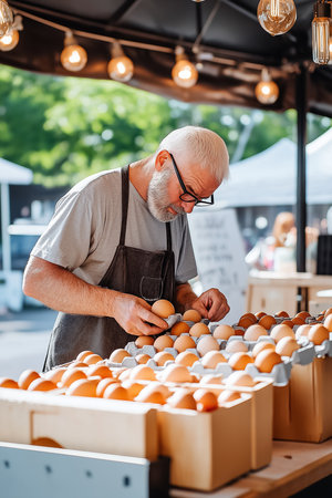 An elderly vendor carefully organizes freshly collected eggs at a vibrant outdoor market. Bright sunlight filters through the stalls, creating a lively atmosphere filled with customers.の素材
