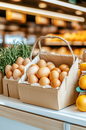 A visually appealing arrangement of fresh eggs nestled in a rustic basket, surrounded by vibrant oranges and lush herbs, captures the essence of a bustling market.の素材