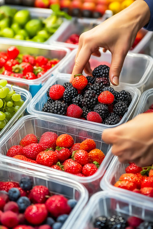 A person carefully picks a mix of plump blackberries and strawberries from transparent containers filled with colorful, fresh fruits. The farmers market bursts with life and color.の素材