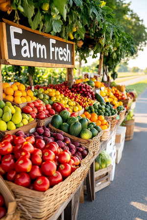 Vibrant assortment of fresh fruits fills wooden baskets at a roadside farm market, showcasing seasonal produce under a clear blue sky, inviting local shoppers.の素材