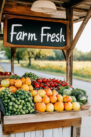 Vibrant assortment of fresh fruits and vegetables displayed at a charming farm stand, located on a peaceful country road with blooming flowers in the background under clear skies.の素材