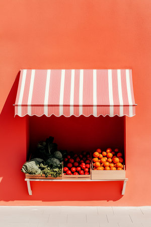 Vibrant vegetable stand displays an array of fresh produce including green cabbage, red tomatoes, and oranges. The bright orange wall enhances the cheerful atmosphere of the market.の素材