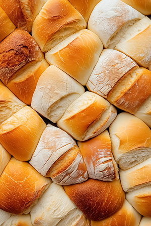 A beautiful display of freshly baked rolls reveals a tempting golden crust and soft white interior. Perfect for gatherings, meals, or as a comforting snack option.の素材
